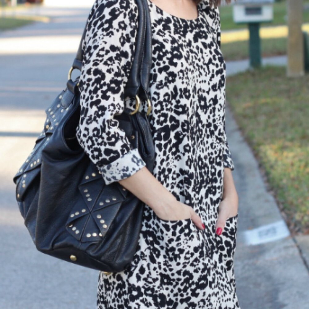 J. Crew Shift Dress 3/4 sleeve, Black and White mini, Cheetah Print, Size 0